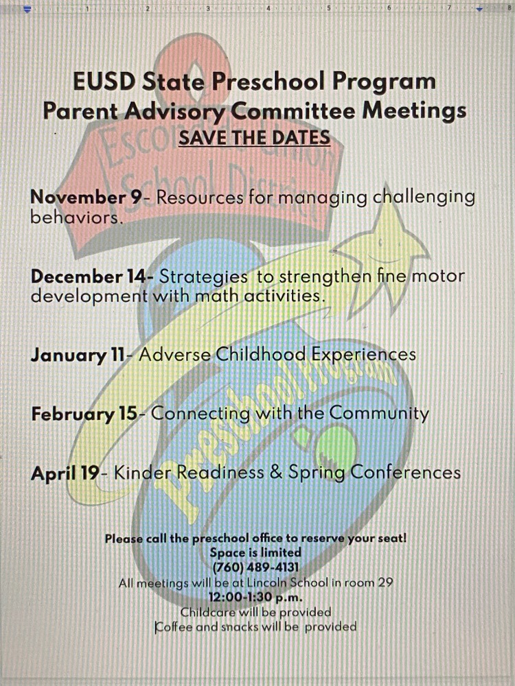 Parent Advisory Council Meetings EUSD State Preschool