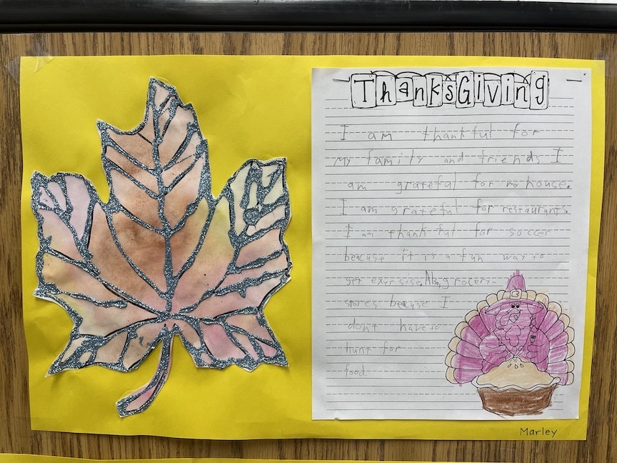 art leaf with thanksgiving writing from student