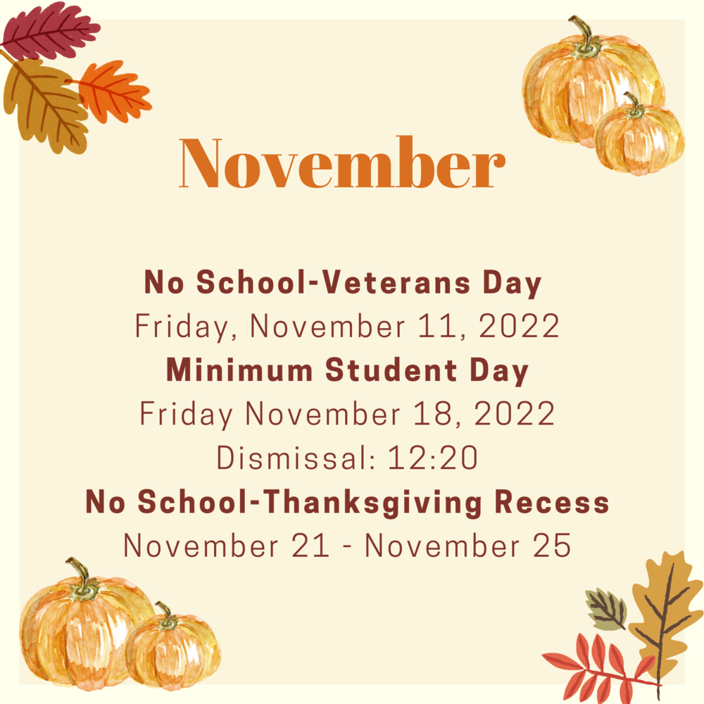 November  student calendar reminders