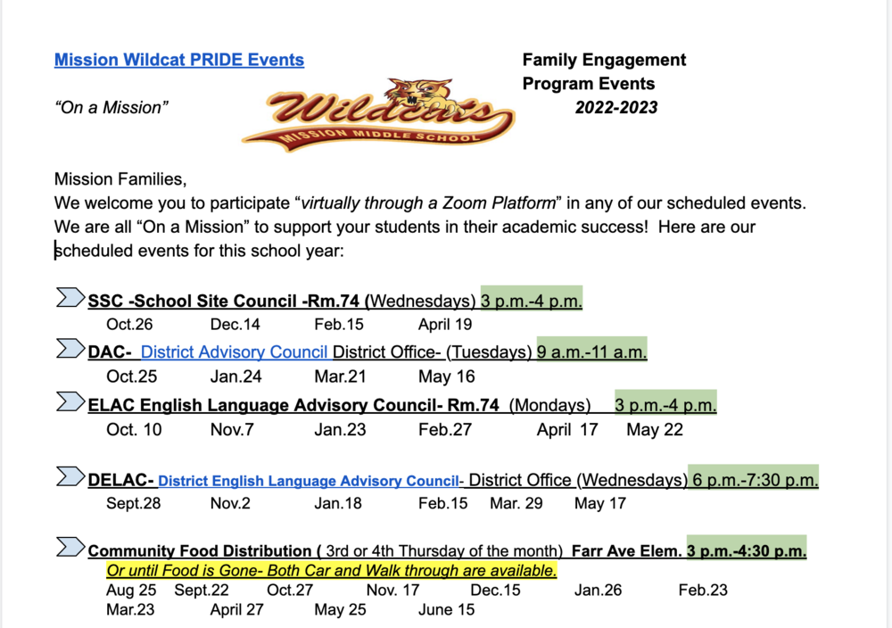 Mission Parent Events Calendar