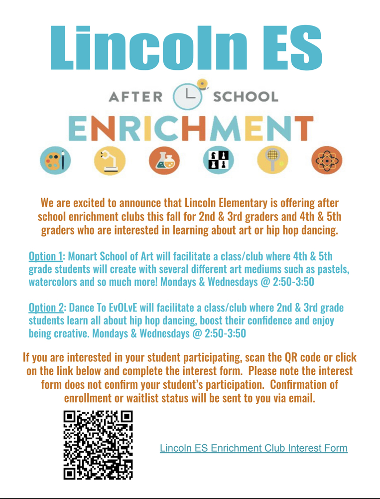 Lincoln After School Enrichment classes for 2nd - 5th grade students