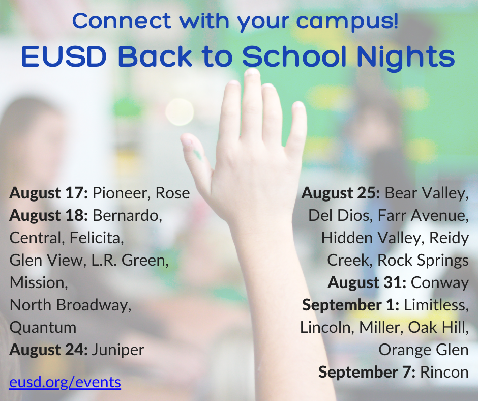 graphic EUSD Back to School Nights with background photo of raised hand, dates and names of schools