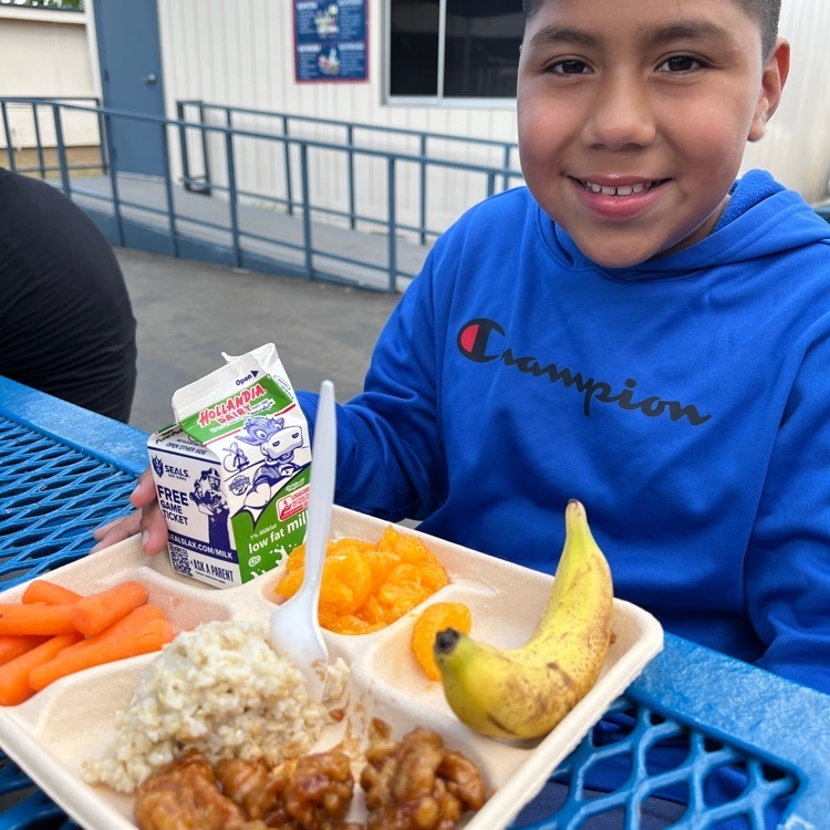 boy in blue sweatshirt with lunch tray 