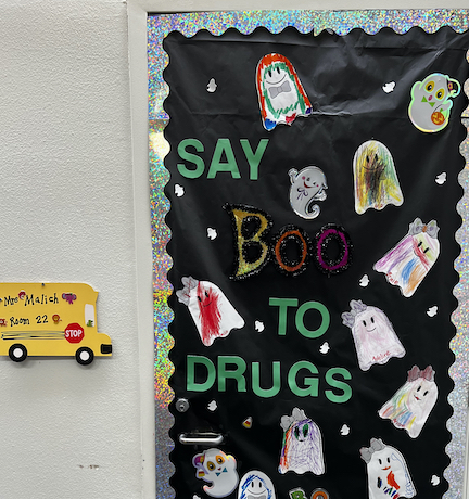 decorated classroom door "say boo to drugs"