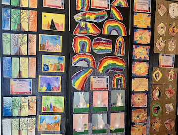 wall of colorful student artwork