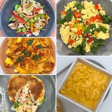 five images of food, chicken pot pie, chilaquiles, asian noodle salad, macaroni and cheese, egg bowl